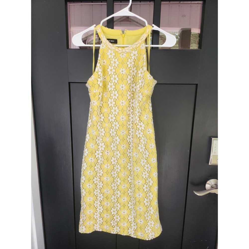LADIES NINE WEST YELLOW WHITE DAISIES SLEEVELESS DRESS-SZ 4-LACE OVELAY-SWEET!